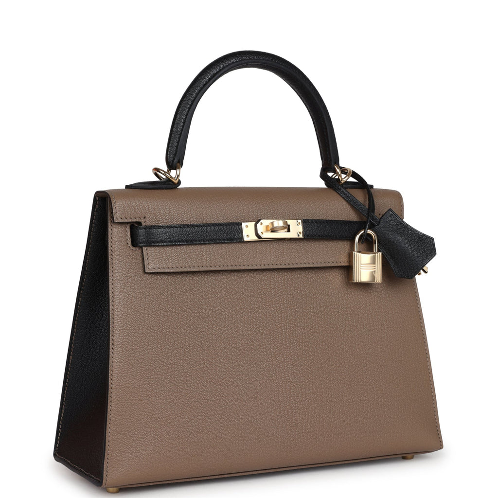 Hermes Special Order (HSS) Kelly Sellier 25 Black and Etoupe Chevre Mysore Permabrass Hardware - Image 3