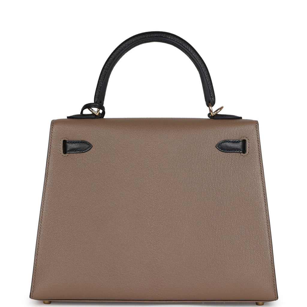 Hermes Special Order (HSS) Kelly Sellier 25 Black and Etoupe Chevre Mysore Permabrass Hardware - Image 5