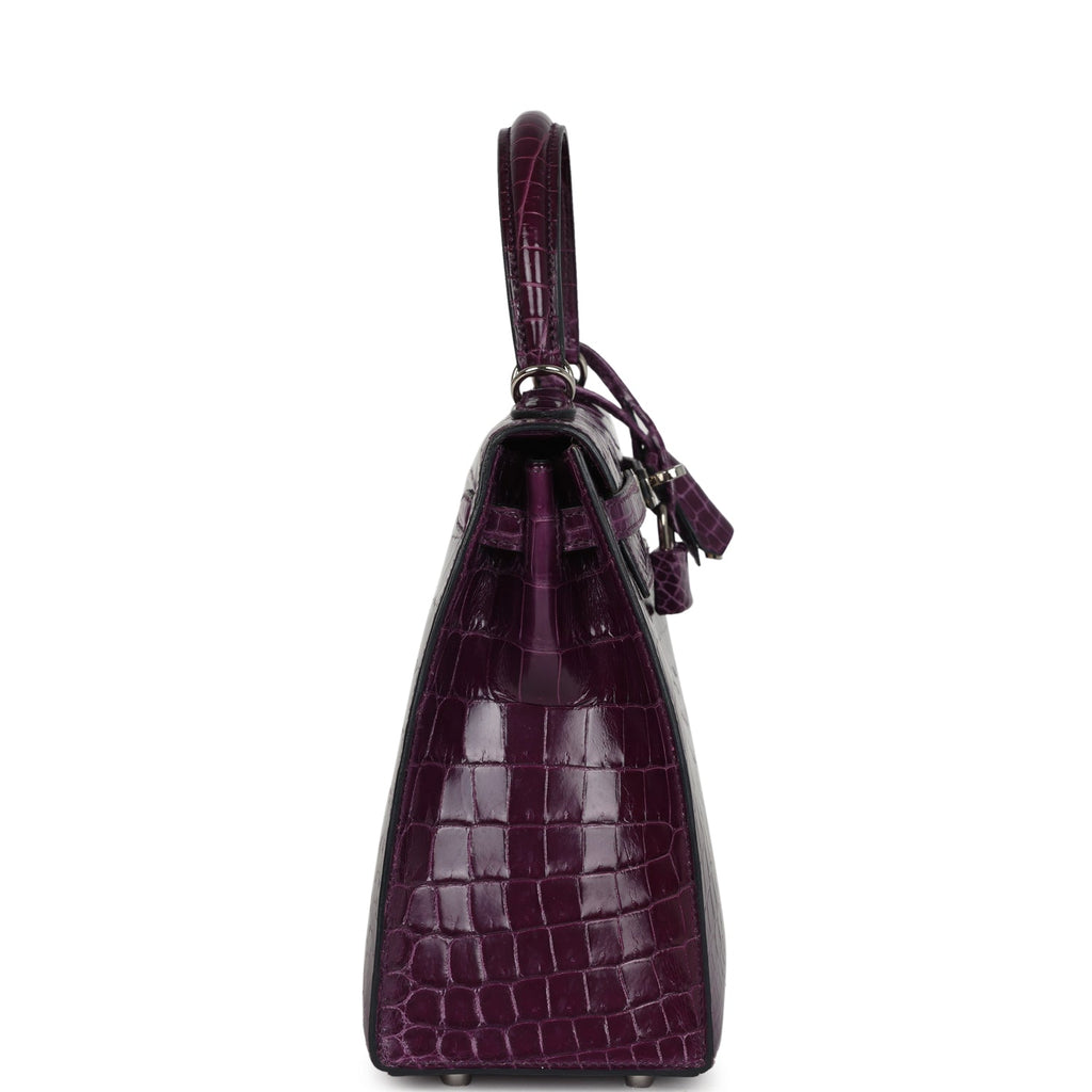 Pre-owned Hermes Kelly Sellier 25 Amethyst Shiny Niloticus Crocodile Palladium Hardware - Image 4
