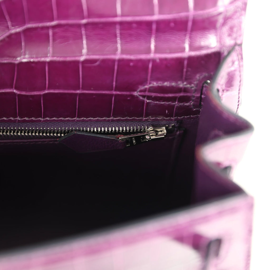 Pre-owned Hermes Kelly Sellier 25 Amethyst Shiny Niloticus Crocodile Palladium Hardware - Image 10