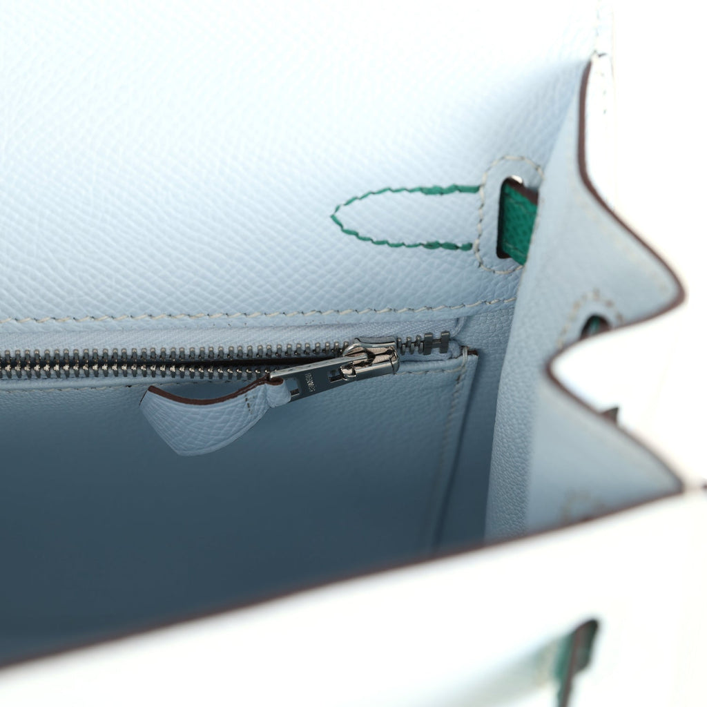 Hermes Kelly Sellier 25 Tri-Color Bleu Brume, Gold and Vert Jade Epsom Epsom Palladium Hardware - Image 10