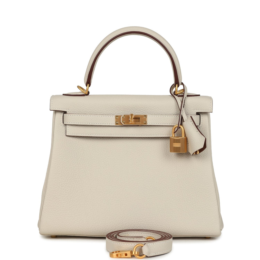Hermes Special Order (HSS) Kelly Retourne 25 Craie Verso Togo Brushed Gold Hardware