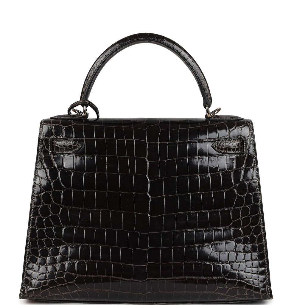 Vintage Hermes Kelly Sellier 28 Gris Fonce Shiny Niloticus Crocodile Palladium Hardware - Image 5