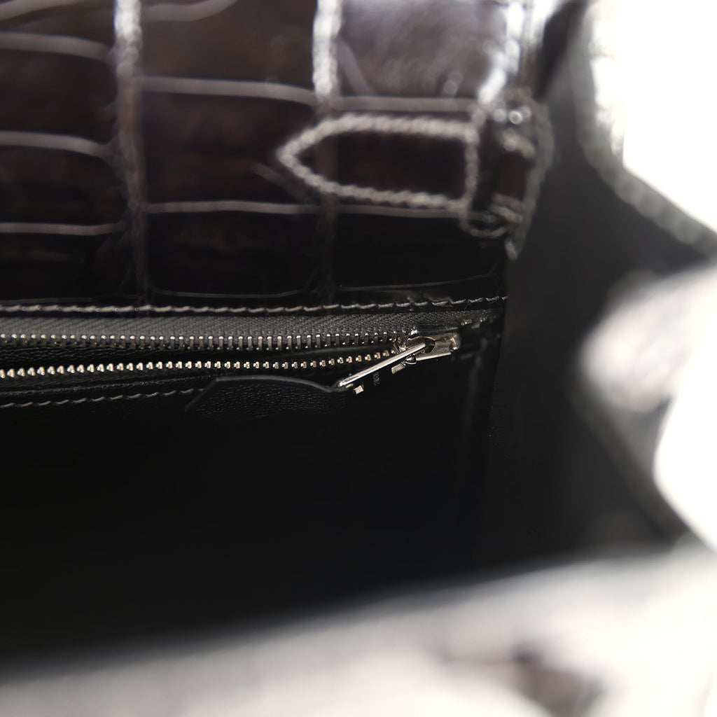 Vintage Hermes Kelly Sellier 28 Gris Fonce Shiny Niloticus Crocodile Palladium Hardware - Image 10