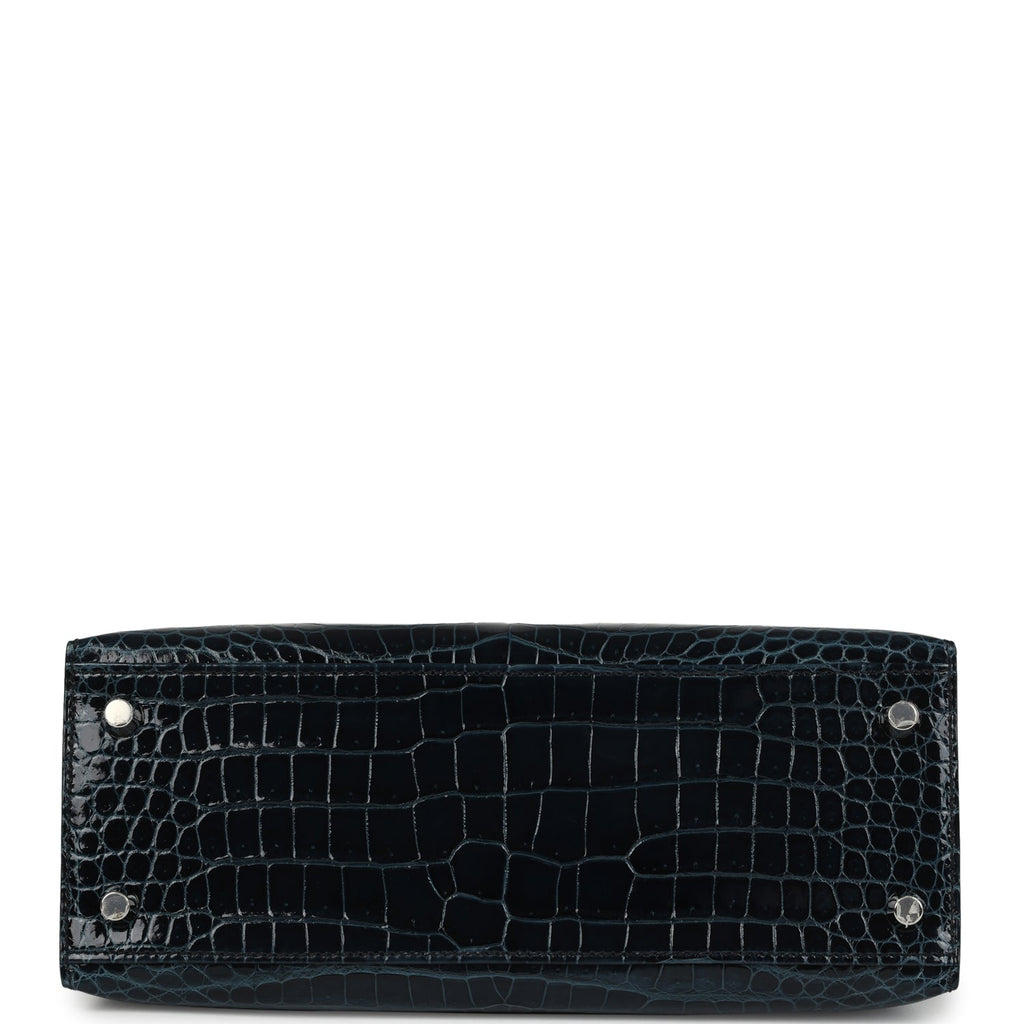 Hermes Kelly Sellier 25 Vert Rousseau Shiny Porosus Crocodile Palladium Hardware - Image 7
