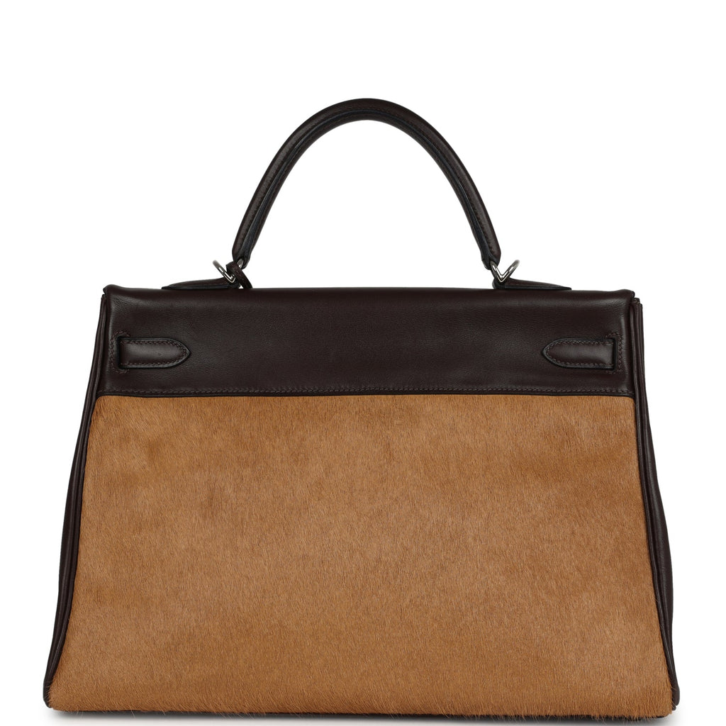 Vintage Hermes Kelly Retourne 35 Ebene Evercalf and Blond Troika Palladium Hardware - Image 5