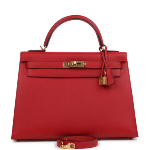 Pre-owned Hermes Kelly Sellier 32 Rouge Casaque Epsom Gold Hardware
