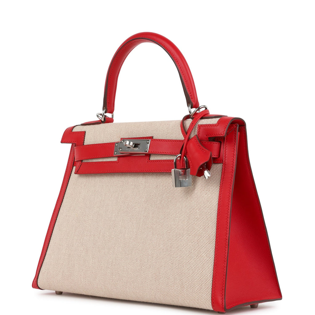 Pre-owned Hermes Kelly Sellier 28 Rouge De Coeur Swift and Beige-Ecru Toile H Canvas Palladium Hardware - Image 6
