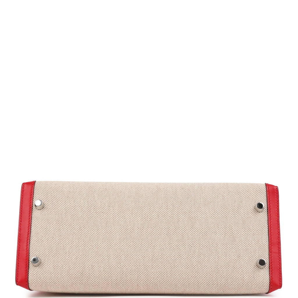 Pre-owned Hermes Kelly Sellier 28 Rouge De Coeur Swift and Beige-Ecru Toile H Canvas Palladium Hardware - Image 7