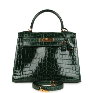 Pre-owned Hermes Kelly Sellier 28 Vert Fonce Shiny Niloticus Crocodile Gold Hardware