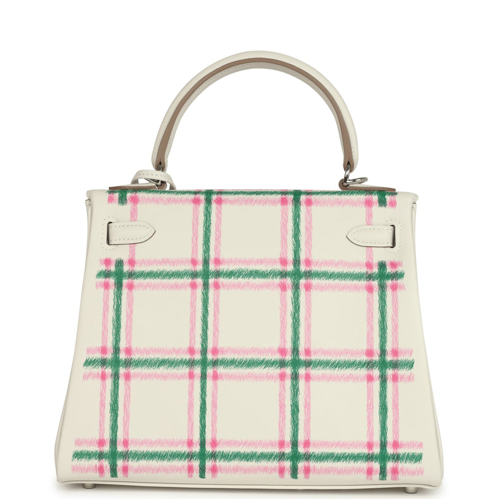 Hermes Kelly Retourne 25 "Tartan Light" Gris Pale, Vert Moyen and Bubblegum Swift Palladium Hardware - Image 5
