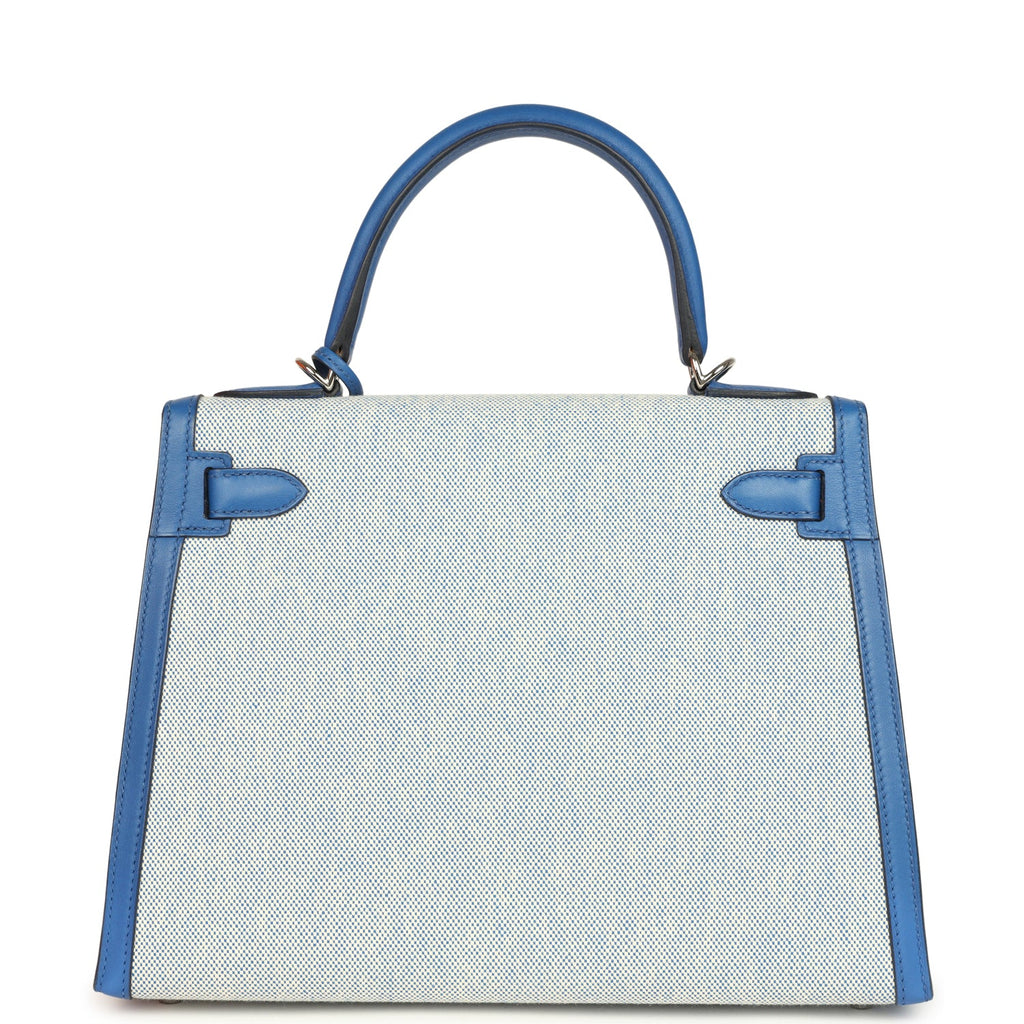 Pre-owned Hermes Kelly Sellier 28 Bleu France Swift and Ecru-Bleu Bill Toile H Canvas Palladium Hardware - Image 5
