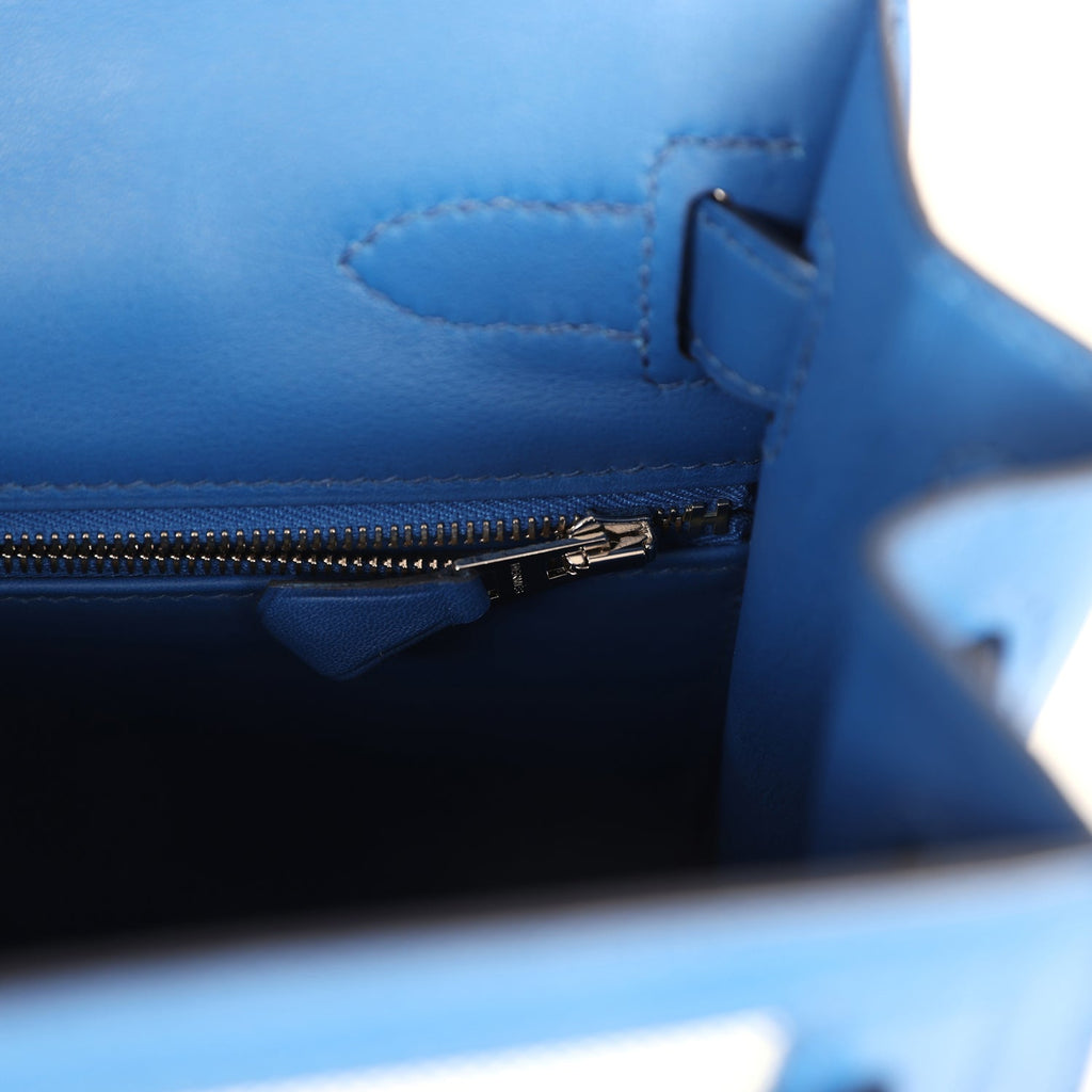 Pre-owned Hermes Kelly Sellier 28 Bleu France Swift and Ecru-Bleu Bill Toile H Canvas Palladium Hardware - Image 9