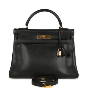 Vintage Hermes Kelly Retourne 32 Black Gulliver Gold Hardware