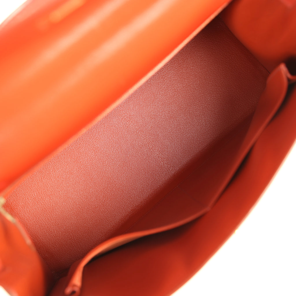 Vintage Hermes "Kimono" Kelly Sellier 32 Brique Box and Embroidered Silk Gold Hardware - Image 9