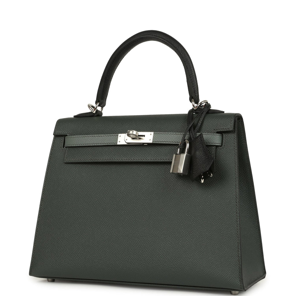 Hermes Kelly Sellier 25 Tri-Color Black, Vert Amande and Vert Mangrove Epsom Palladium Hardware - Image 6