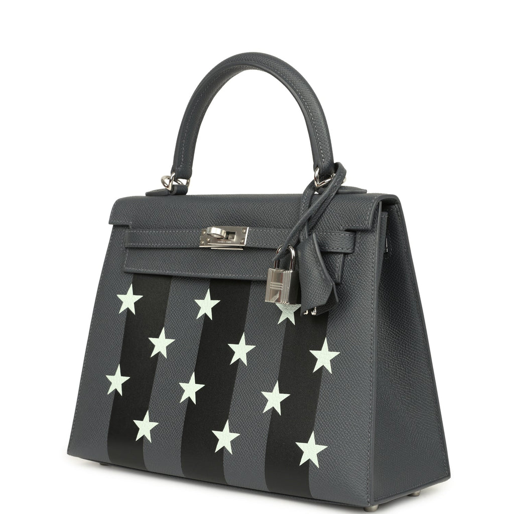 Hermes Kelly Sellier 25 Casaque Etoilee Ardoise Epsom, Black Tadelakt and Vert Peppermint Chevre Mysore Palladium Hardware - Image 6