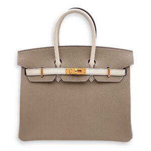 HSS Birkin 25 Gris Tourterelle/Nata in Chevre Mysore, Brushed Gold hardware