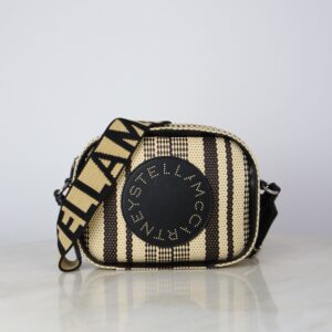 Stella Mccartney Bicolor Eco Small Raffia Striped Logo Camera Crossbody Bag