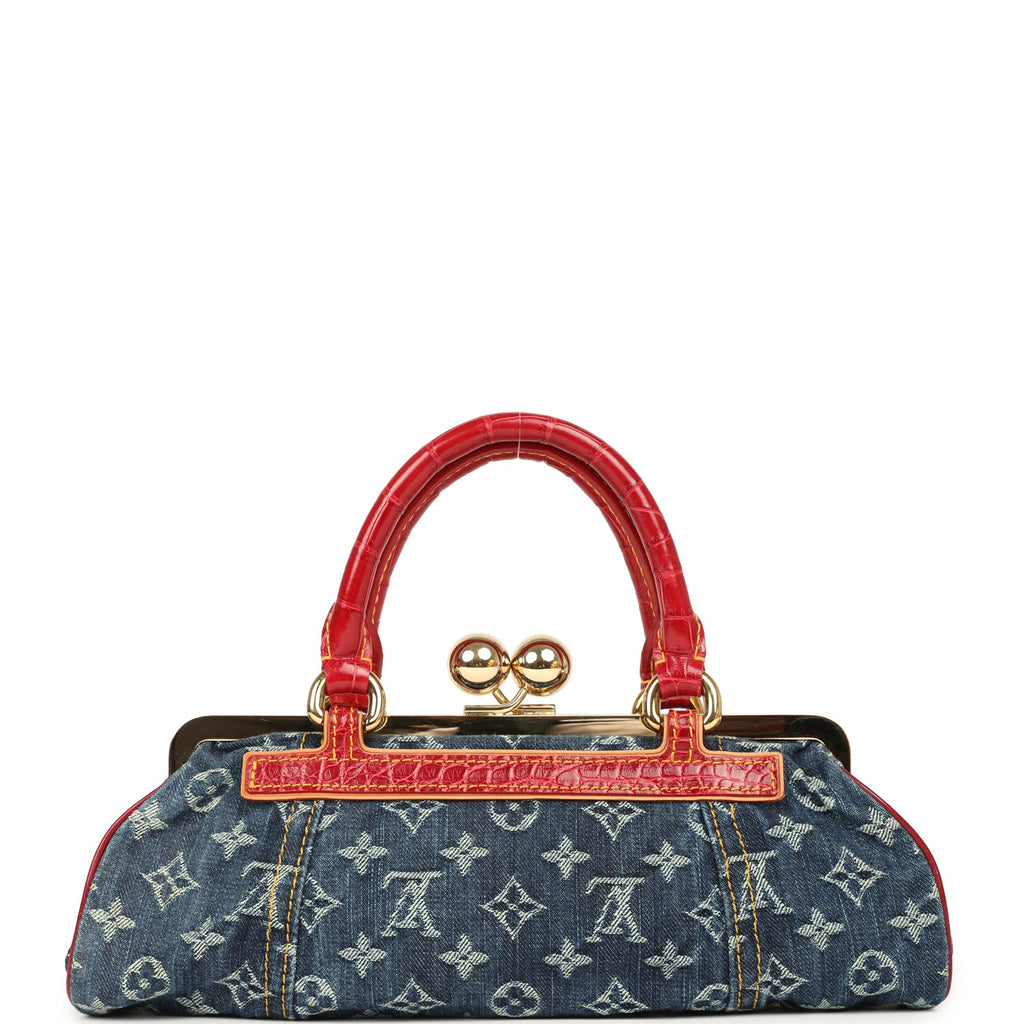 Vintage Louis Vuitton Sac Fermoir GM Bag Blue Monogram Denim and Red Alligator Gold Hardware - Image 5
