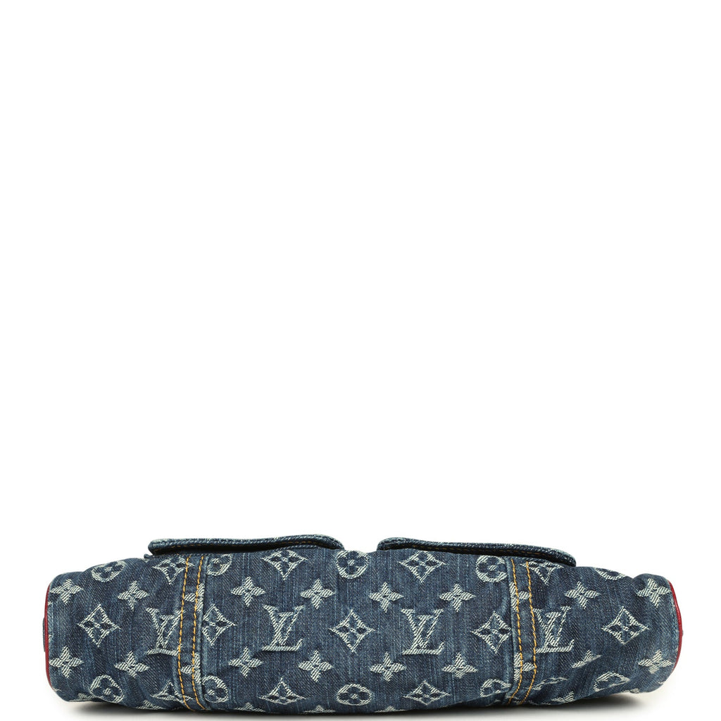 Vintage Louis Vuitton Sac Fermoir GM Bag Blue Monogram Denim and Red Alligator Gold Hardware - Image 7