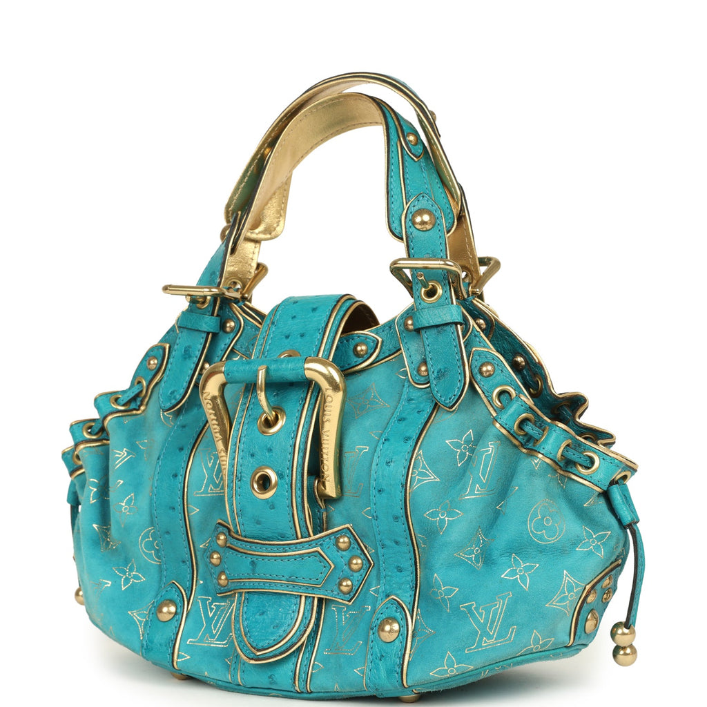 Vintage Louis Vuitton Theda GM Bag Blue and Gold Suede Monogram and Ostrich Gold Hardware - Image 6