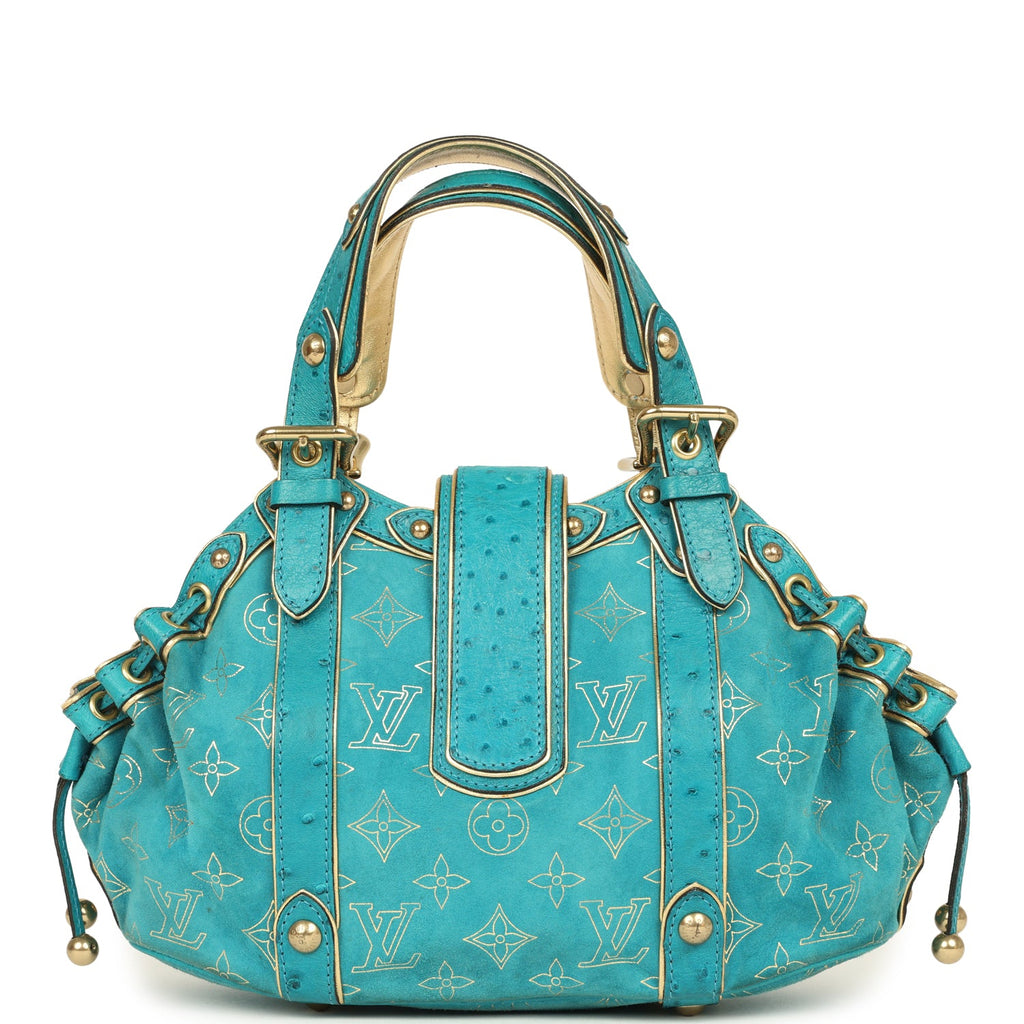 Vintage Louis Vuitton Theda GM Bag Blue and Gold Suede Monogram and Ostrich Gold Hardware - Image 5