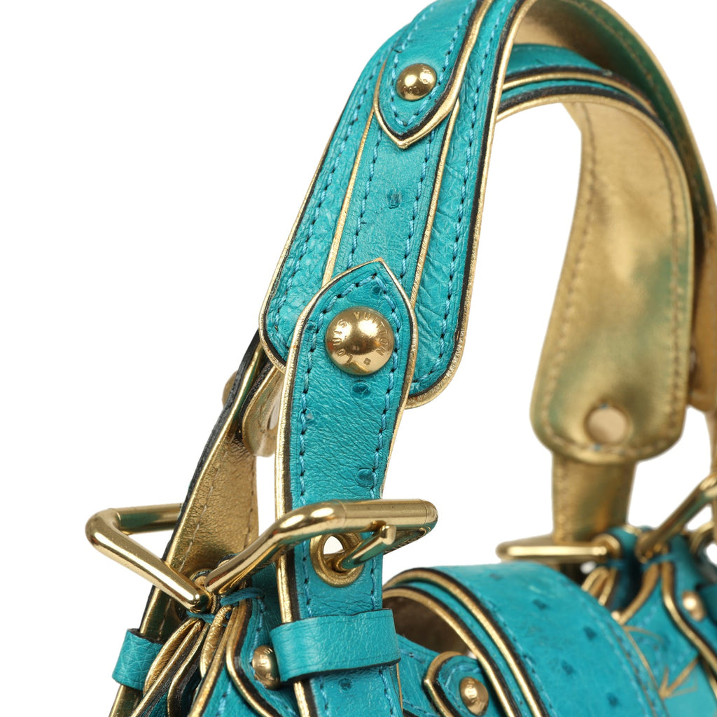 Vintage Louis Vuitton Theda GM Bag Blue and Gold Suede Monogram and Ostrich Gold Hardware - Image 9