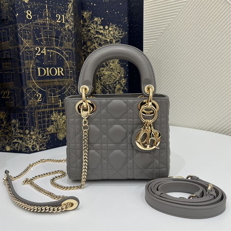 Mini Lady Dior Bag Grey Cannage Leather - Image 3