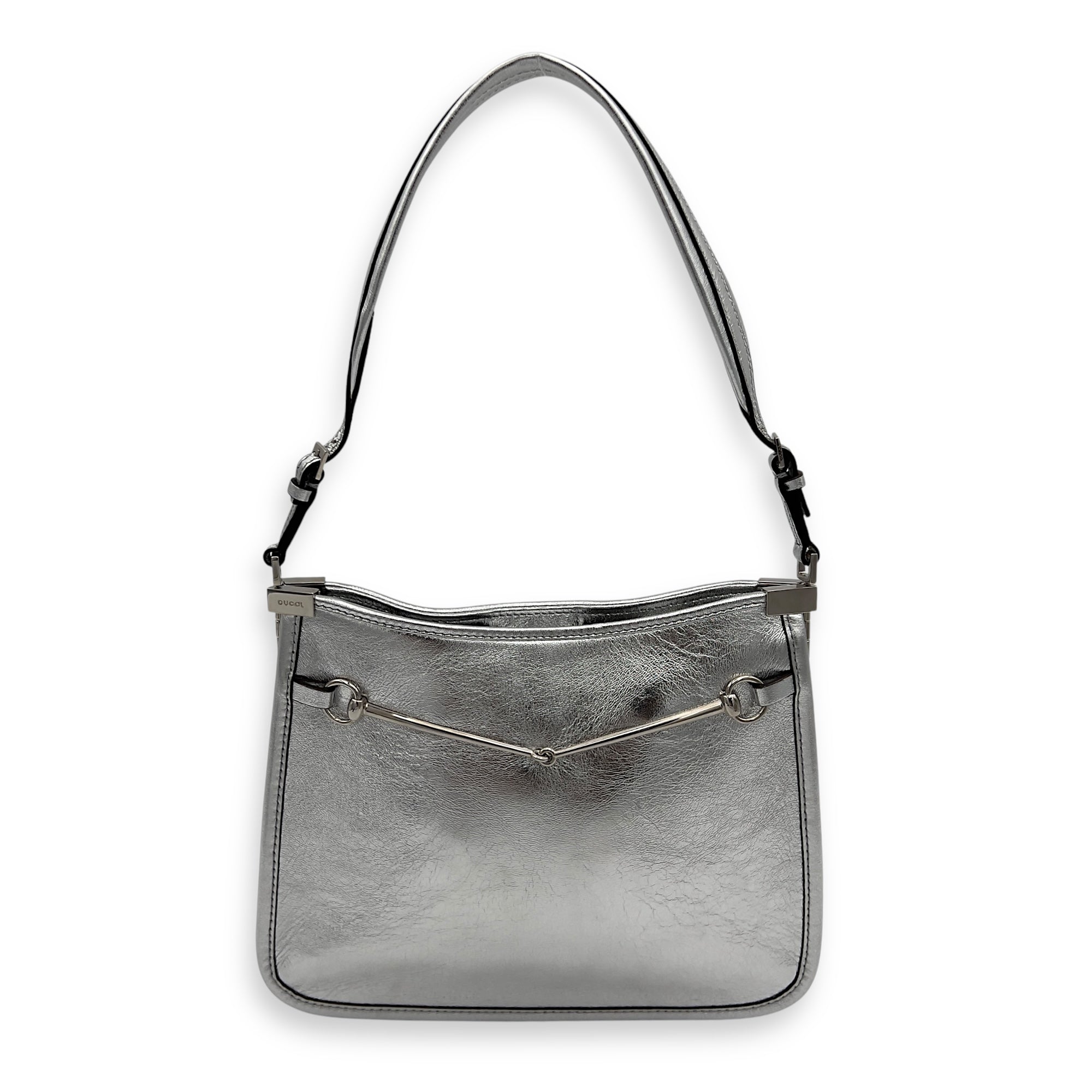 Slim Horsebit Small Silver Shoulder Bag in Calfskin, Silver hardware