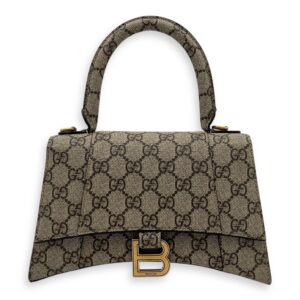 x Balenciaga Hourglass GG Supreme Brown Top Handle Bag in Monogram Coated Canvas, Gold hardware