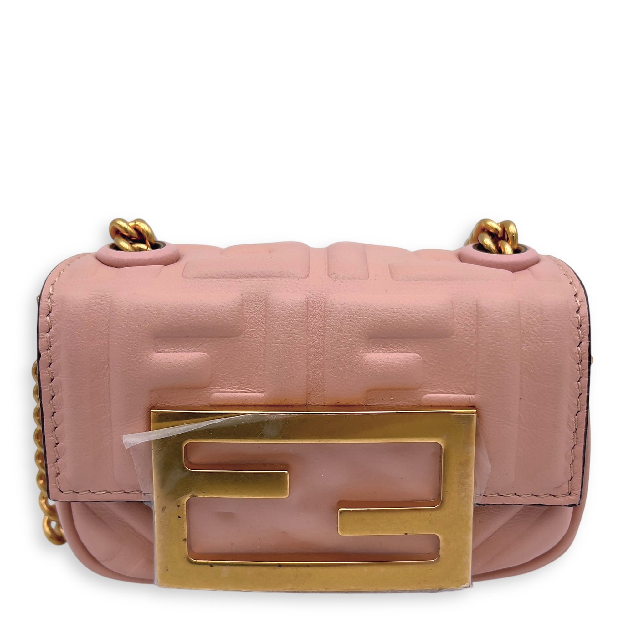 Baguette Nano Pink Wallet On Chain in Calfskin, Gold hardware