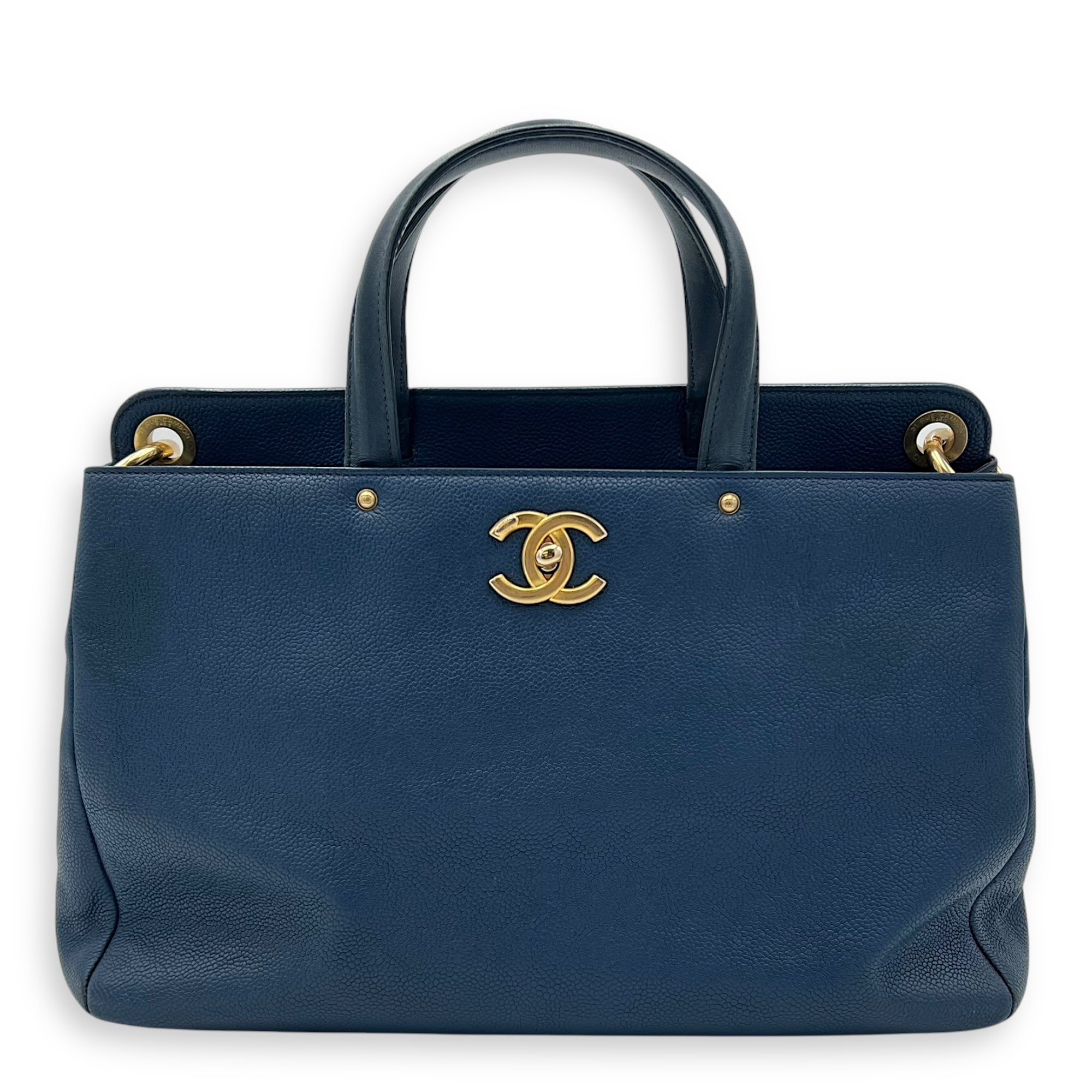 CC Lock Top Handle Bag Blue in Caviar Leather, Gold hardware