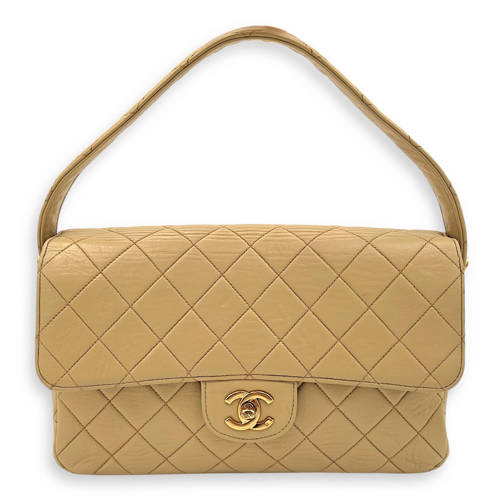 Vintage Double Face Flap Beige Shoulder Bag in Lambskin, Gold hardware
