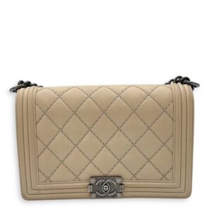 Boy Medium Beige Shoulder Bag in Calfskin, Gunmetal hardware