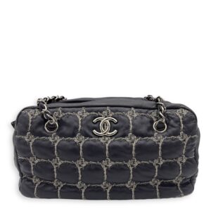 Double Stitch Bubble Grey Shoulder Bag in Tweed and Lambskin, Silver hardware