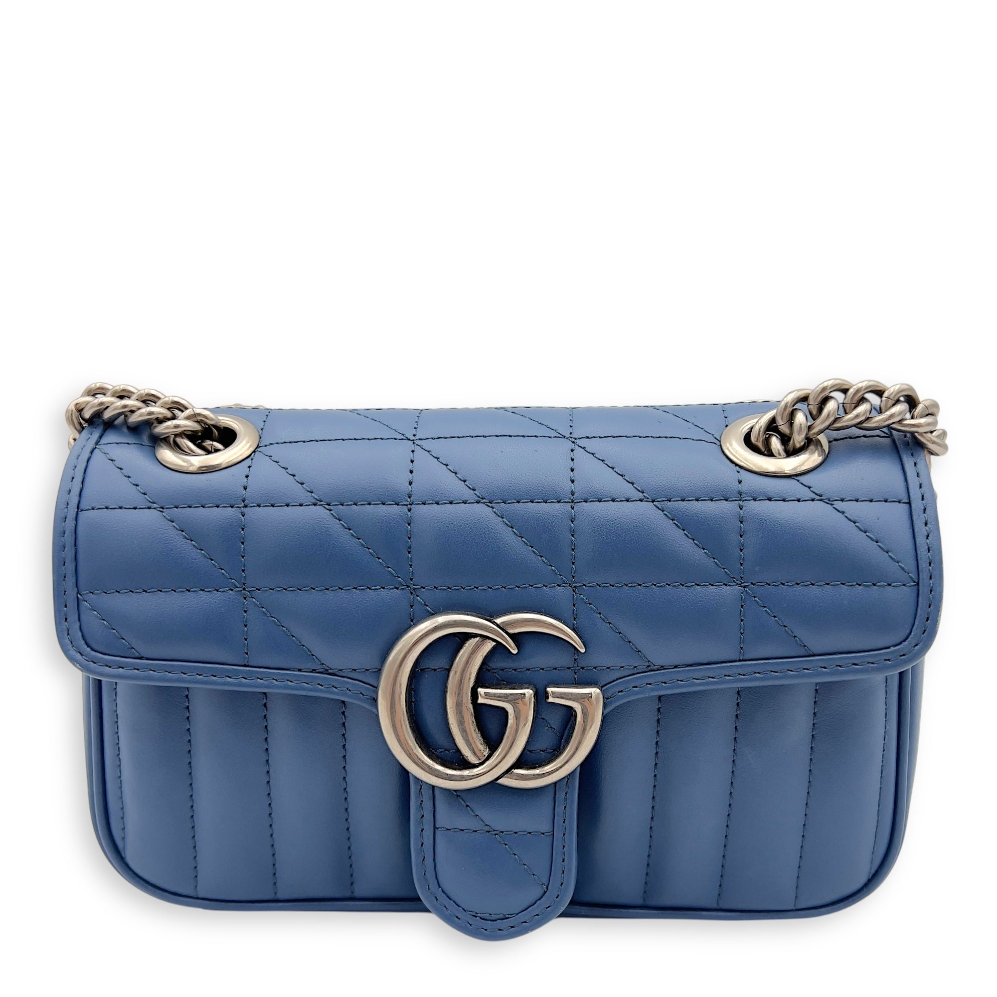 GG Marmont Shoulder Bag Blue in Calfskin, Ruthenium hardware