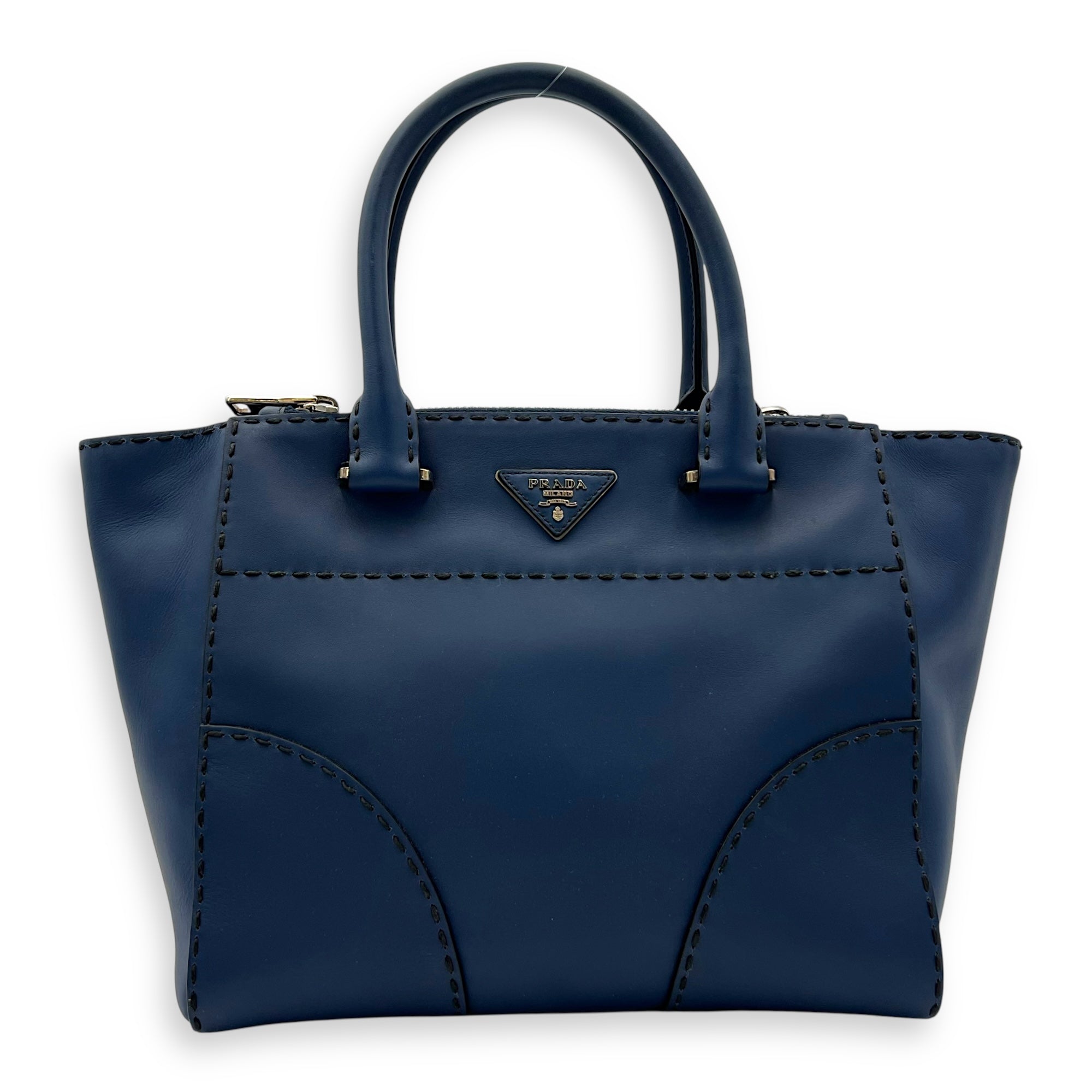 Logo Top Handle Bag Blue in Calfskin, Gold hardware