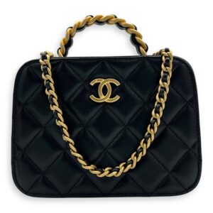 Vanity Chain Black Top Handle Bag in Lambskin, Gold hardware