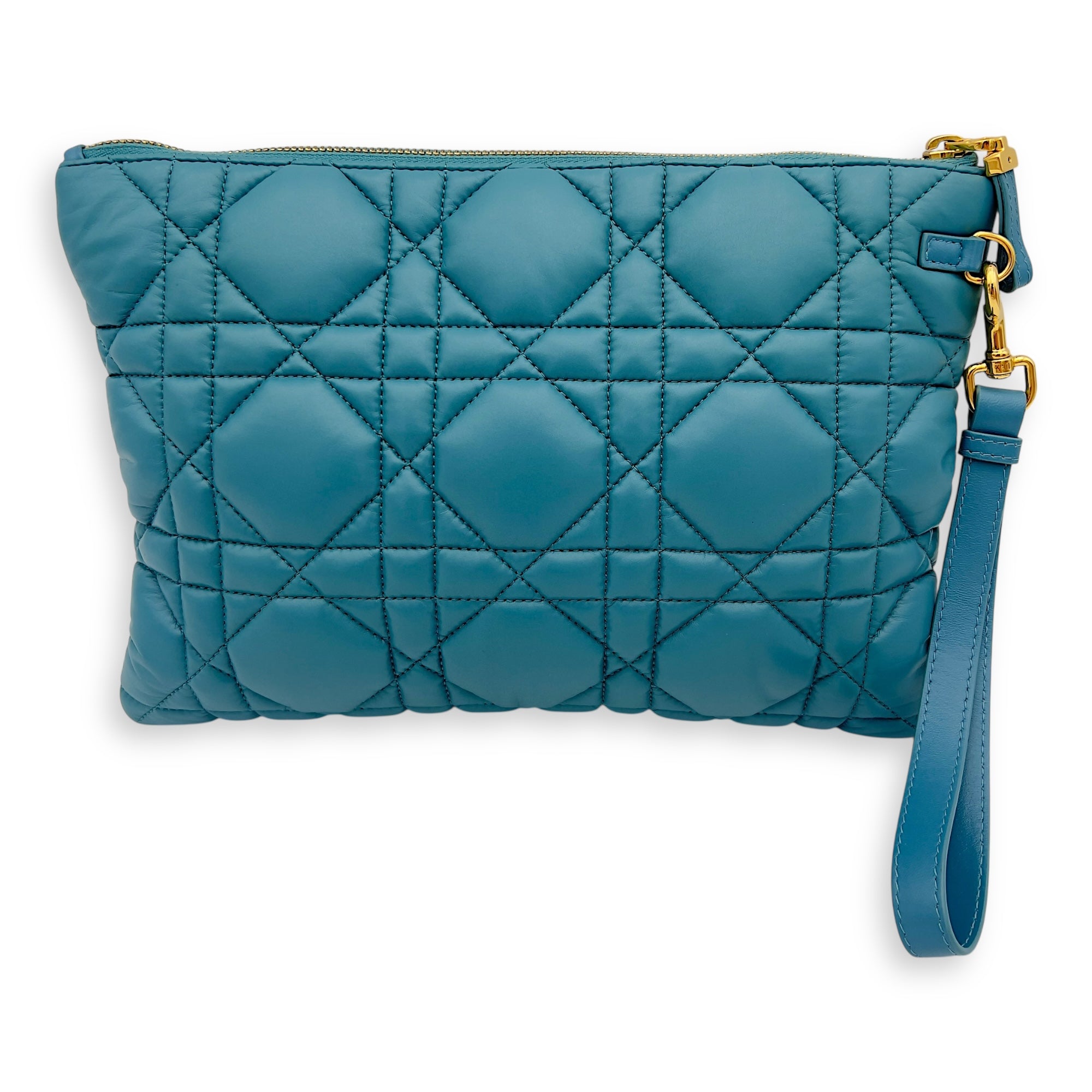 Caro Pouch Blue in Cannage Quilted Padded, Gold hardware - Image 3