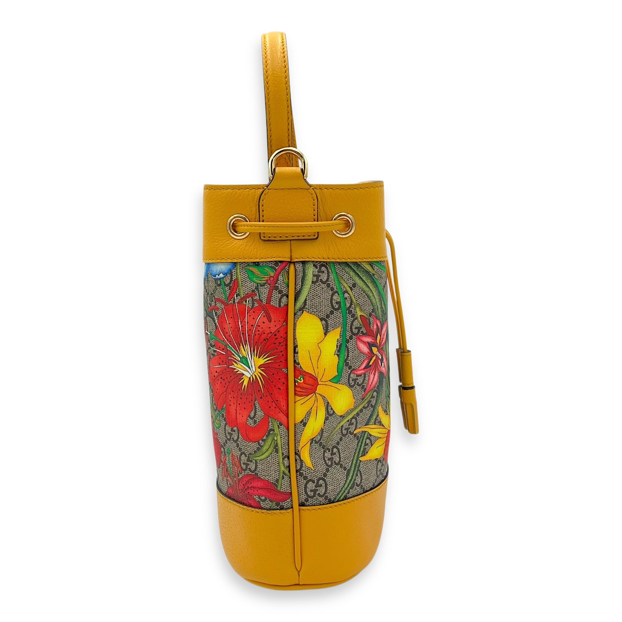 Ophidia Bucket Bag Yellow in Coated Canvas, Gold hardware - Image 5