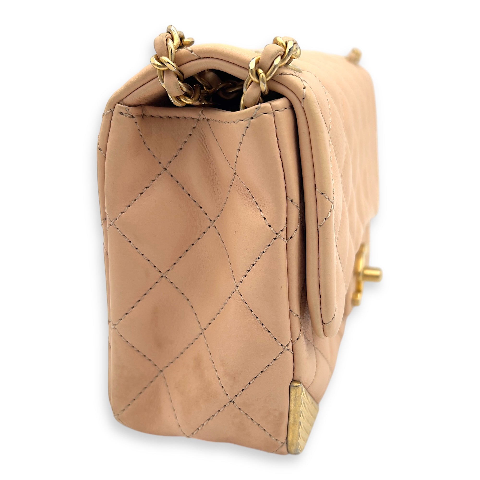 Mini Rectangle Shoulder Bag Beige in Lambskin, Gold hardware - Image 5