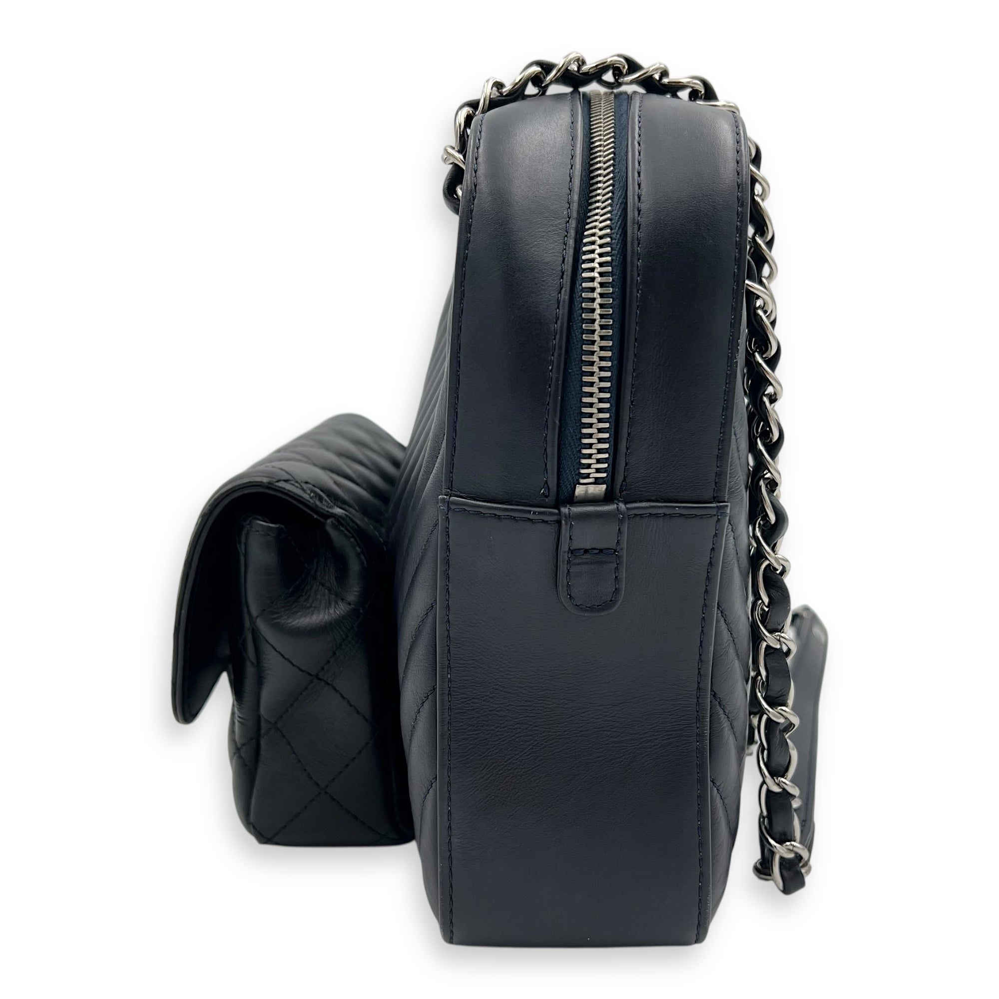 Paris Hamburg Double Camera Bag With Flap Navy & Black Shoulder Bag in Calfskin, Silver hardware - Image 6