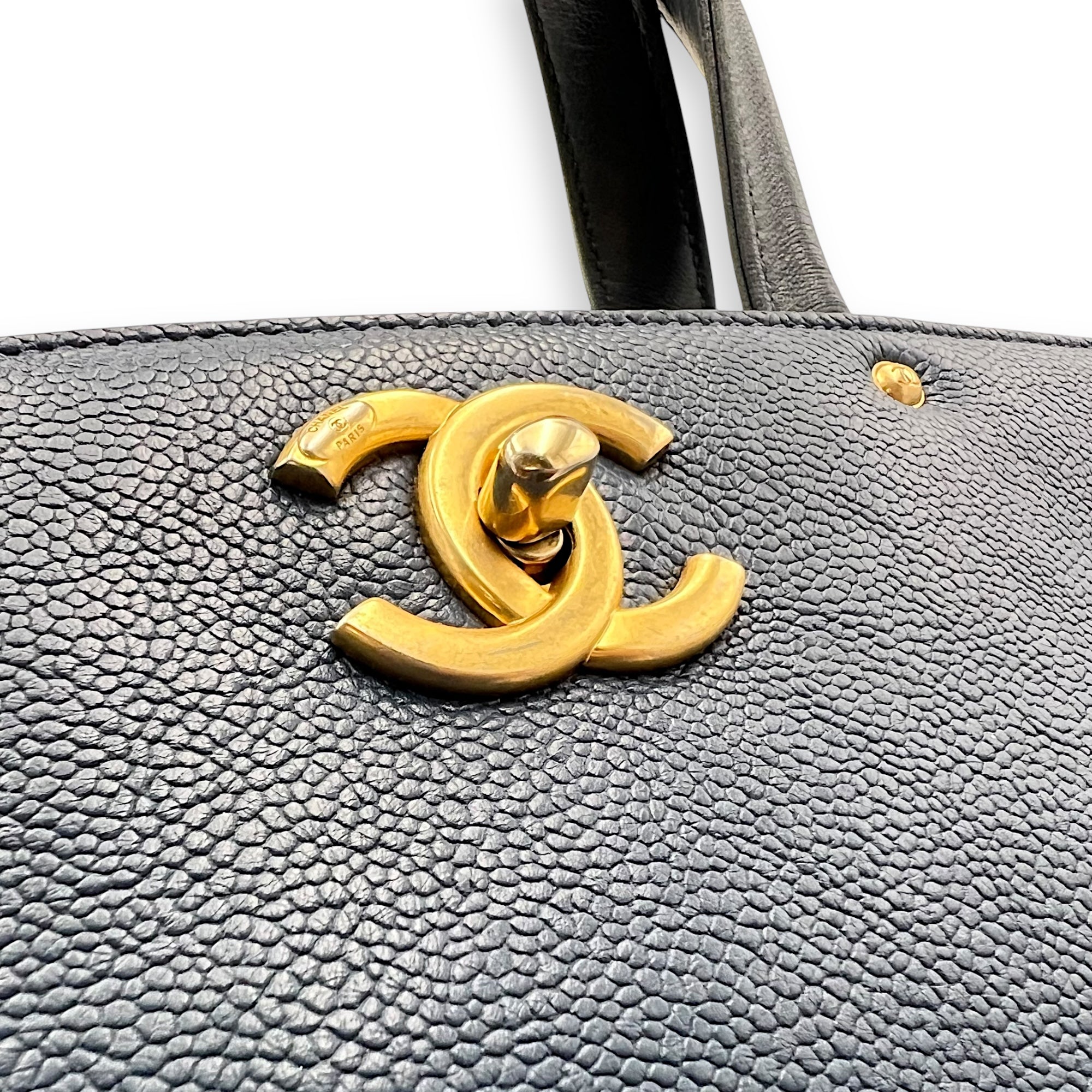 CC Lock Top Handle Bag Blue in Caviar Leather, Gold hardware - Image 9