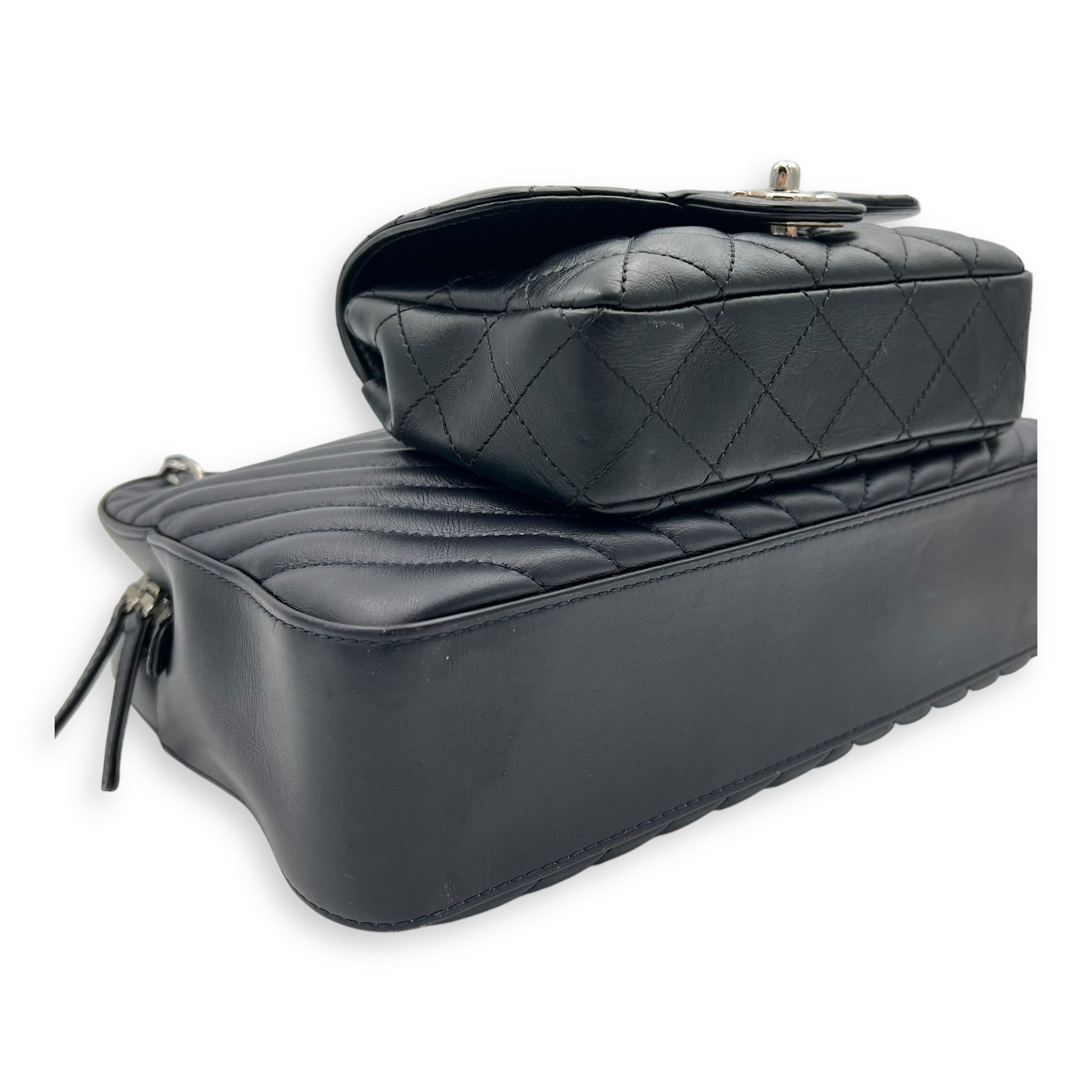 Paris Hamburg Double Camera Bag With Flap Navy & Black Shoulder Bag in Calfskin, Silver hardware - Image 10