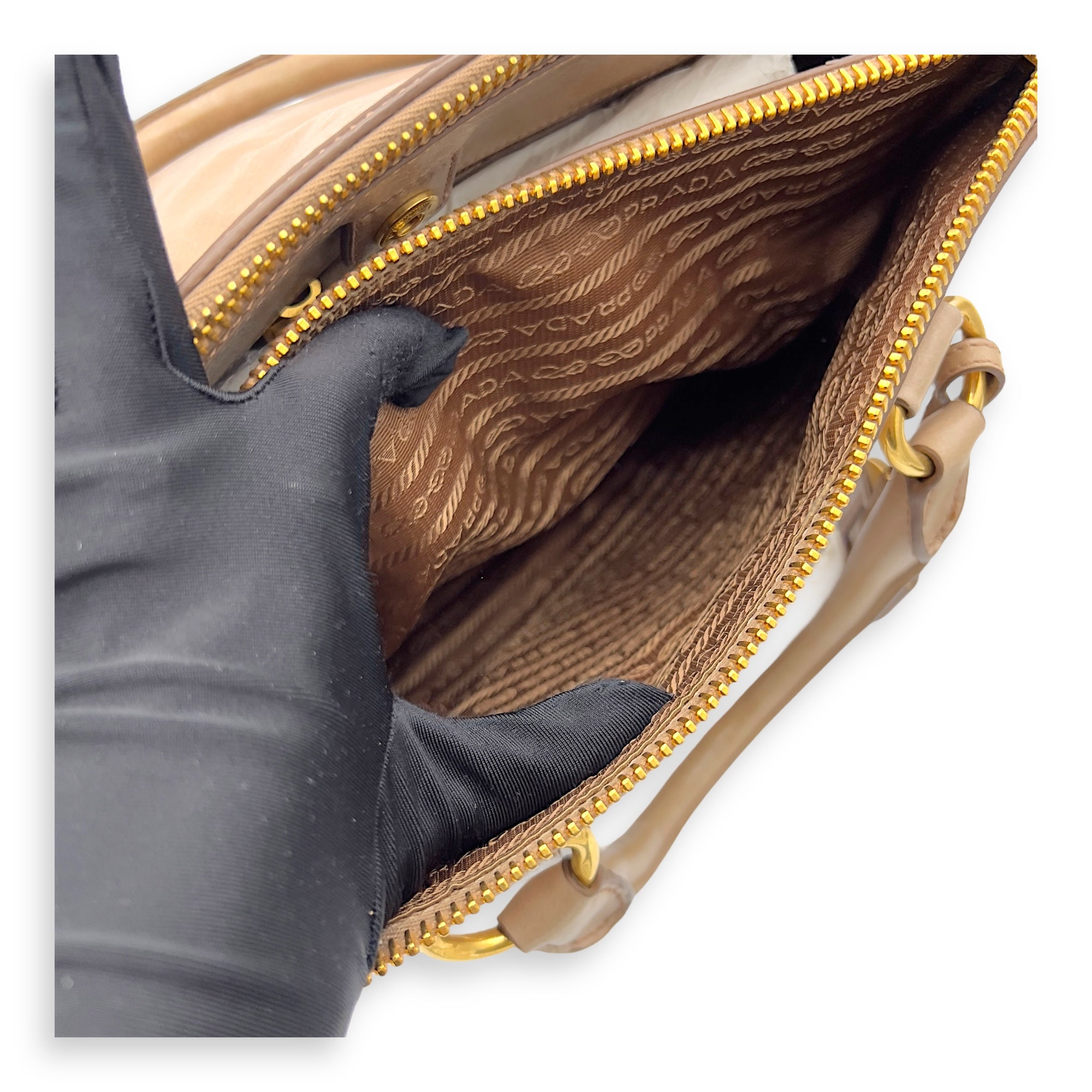 Logo Top Handle Bag Beige in Calfskin, Gold hardware - Image 9