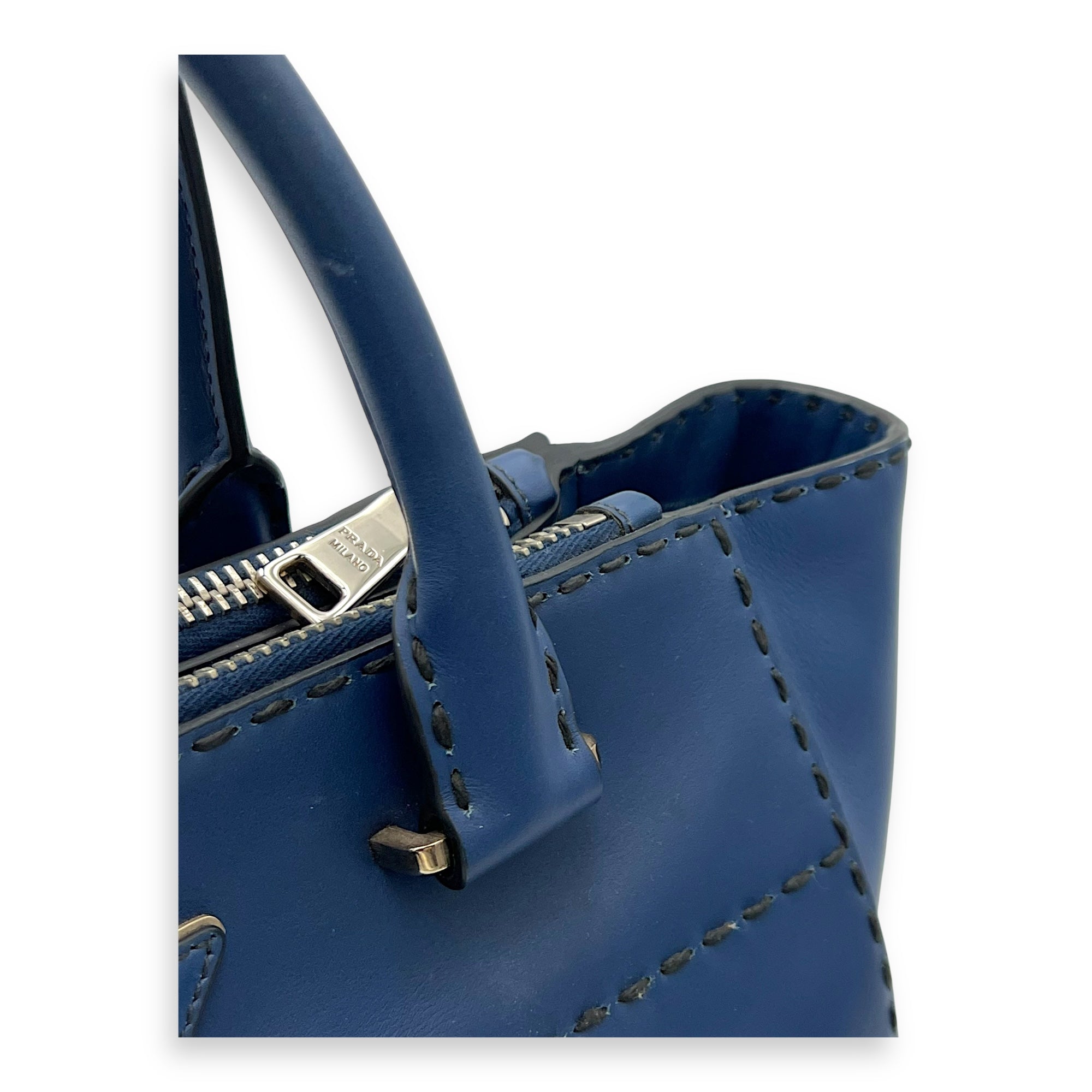 Logo Top Handle Bag Blue in Calfskin, Gold hardware - Image 9