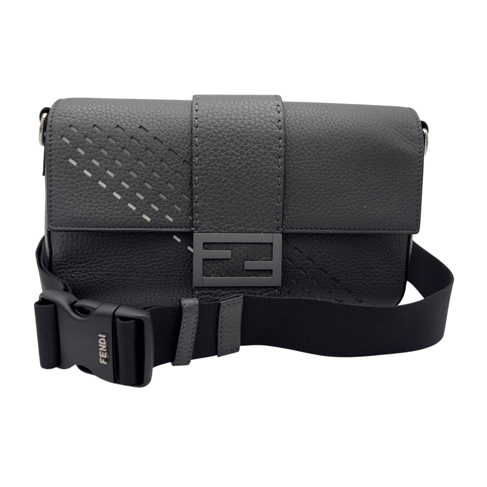 Baguette Crossbody Bag Small Grey in Calfskin, Silver hardware - Image 10