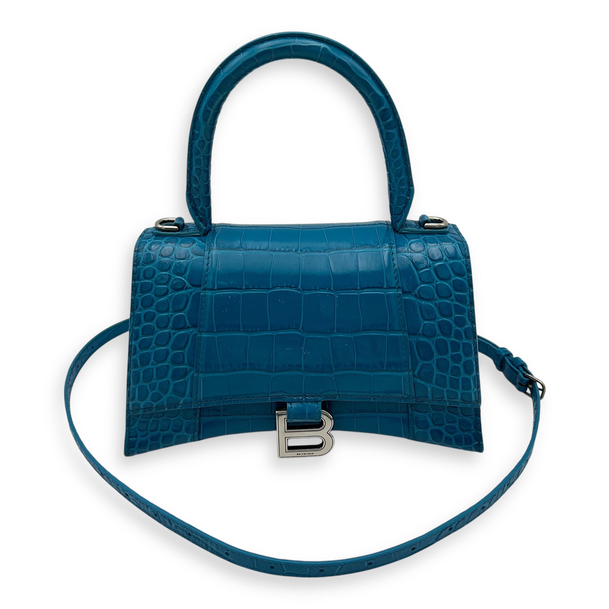 Hourglass Top Handle Bag Blue in Crocodile Embossed Calfskin, Silver hardware - Image 13