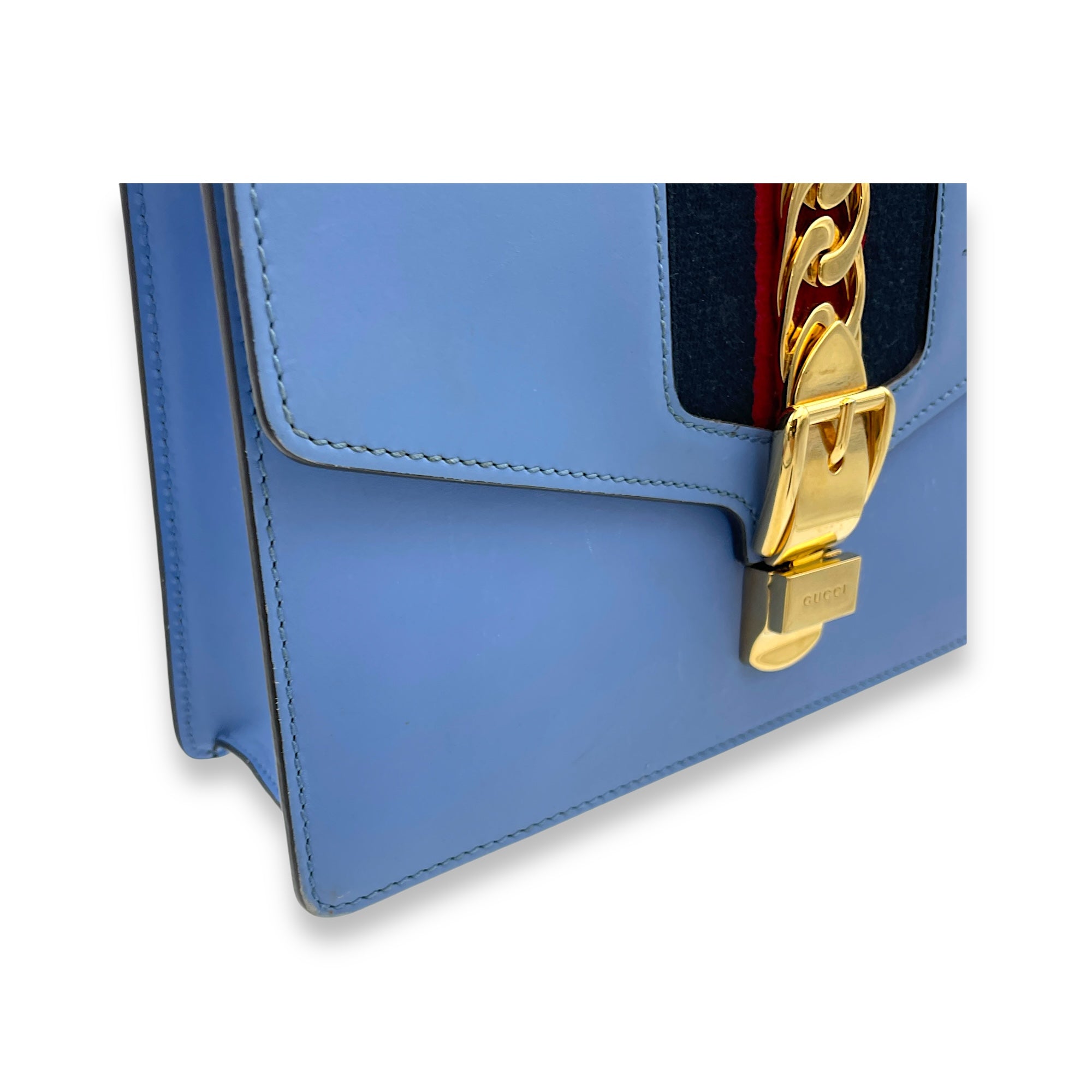 Sylvie Small Blue Shoulder Bag in Calfskin, Gold hardware - Image 11